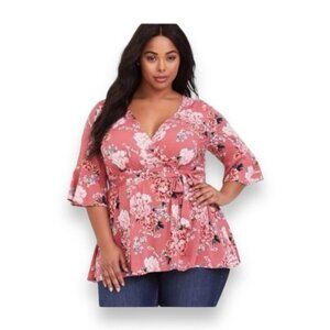 Torrid Womens Plus Size Floral Wrap Top Blouse Pink V-Neck Self-Tie Waist Size 1